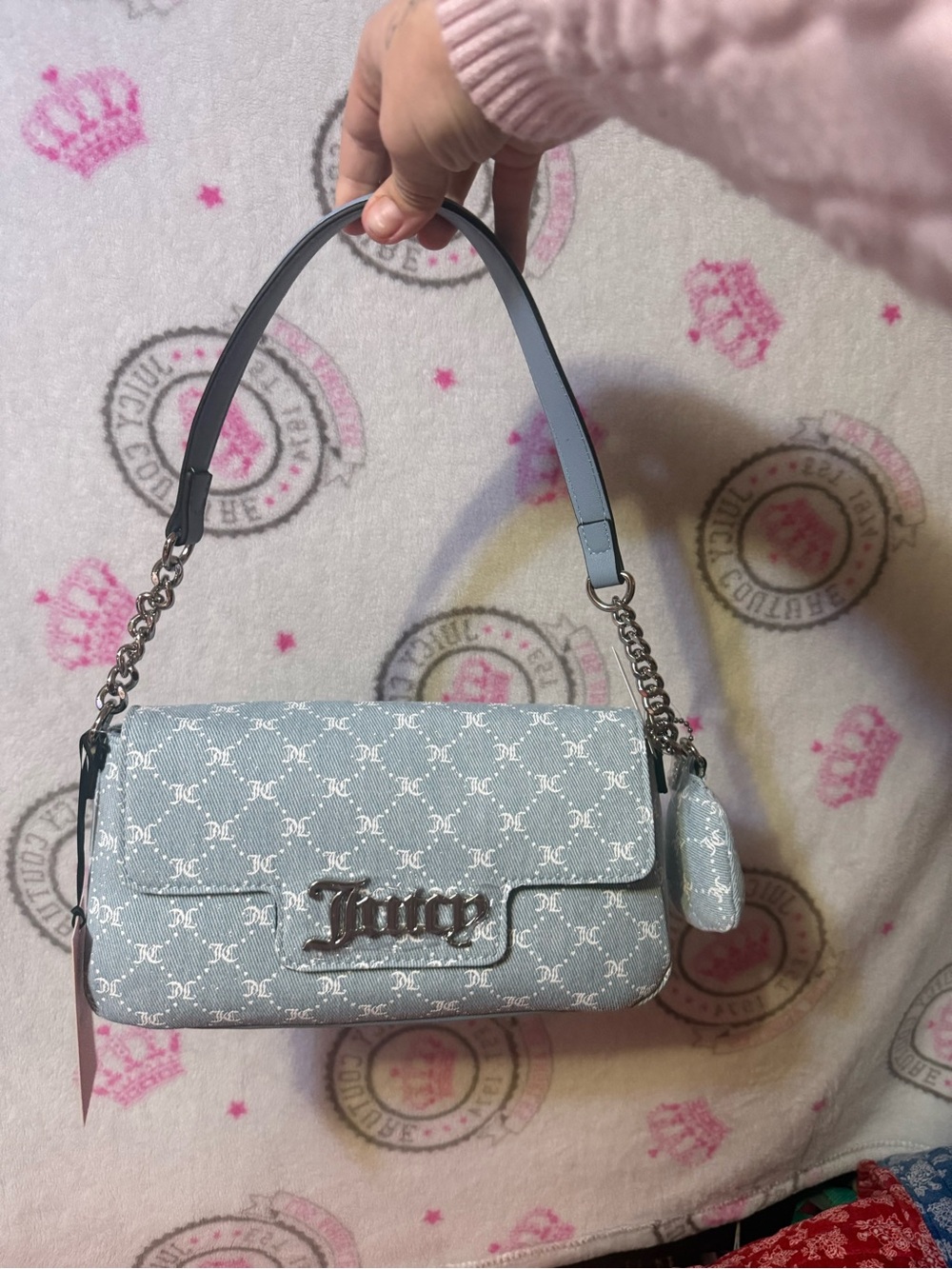 Juicy Couture Light Blue Monogram Chain-Accent Shoulder Bag